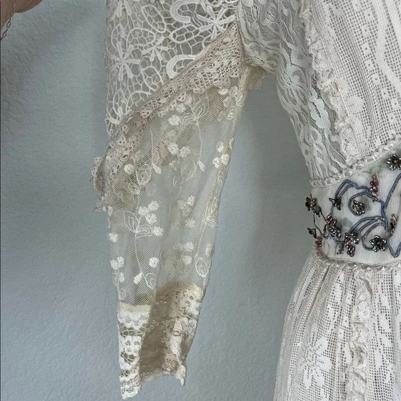 LoveShackFancy Ibis Beaded Ruffle V Plunge Lace Overlay Dress in Magnolia Tea - Picture 3 of 16